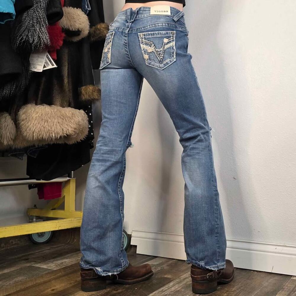 Y2K Low Rise Distressed Bootcut Jeans McBling Vigoss Size 3/4 33 Long